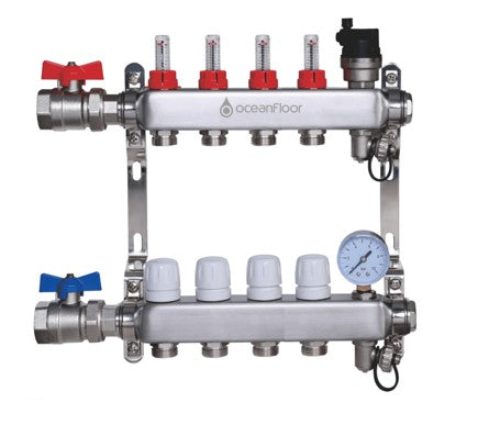 Oceanfloor 4 Port UFH Manifold with Pressure Gauge, AAV & Ball Valves-TUS (Trade Underfloor Supplies) Ltd-Oceanair