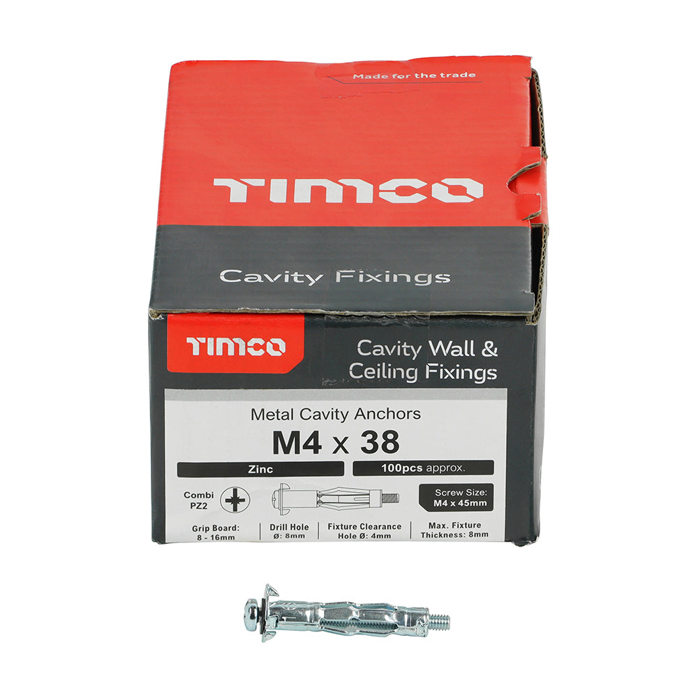 Timco Metal Cavity Anchors Zinc M4 X 38 (45mm Screw) 40038CA-Timco-Oceanair