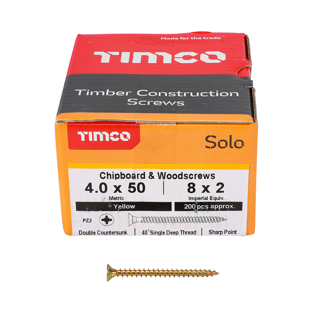 Timco 40050SOLOC Solo Chipboard Woodscrews PZ2 Double Countersunk 4.0 X 50 Box Label View