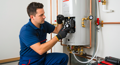 heating engineer working on a boiler with cooper pipes everywhere engineer in royal blue overals