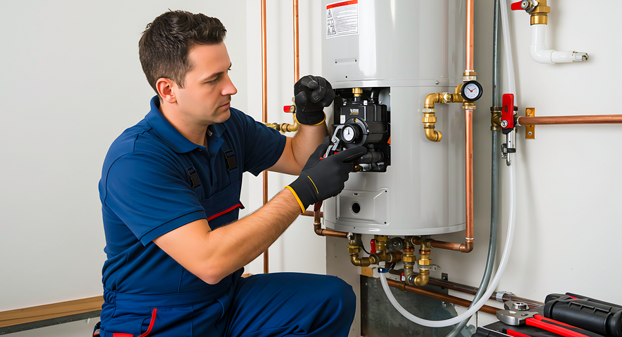 heating engineer working on a boiler with cooper pipes everywhere engineer in royal blue overals