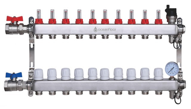 Oceanfloor 10 Port UFH Manifold with Pressure Gauge, AAV & Ball Valves-TUS (Trade Underfloor Supplies) Ltd-Oceanair