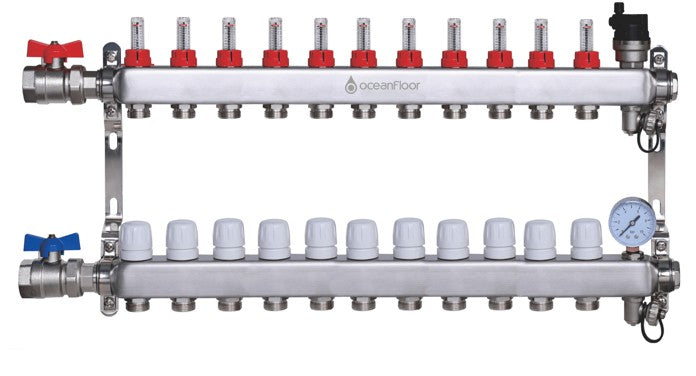 Oceanfloor 11 Port UFH Manifold with Pressure Gauge, AAV & Ball Valves-TUS (Trade Underfloor Supplies) Ltd-Oceanair
