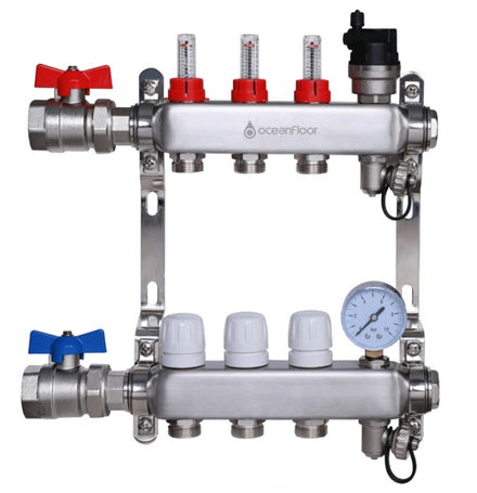 Oceanfloor 3 Port UFH Manifold with Pressure Gauge, AAV & Ball Valves-TUS (Trade Underfloor Supplies) Ltd-Oceanair