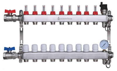 Oceanfloor 9 Port UFH Manifold with Pressure Gauge, AAV & Ball Valves-TUS (Trade Underfloor Supplies) Ltd-Oceanair