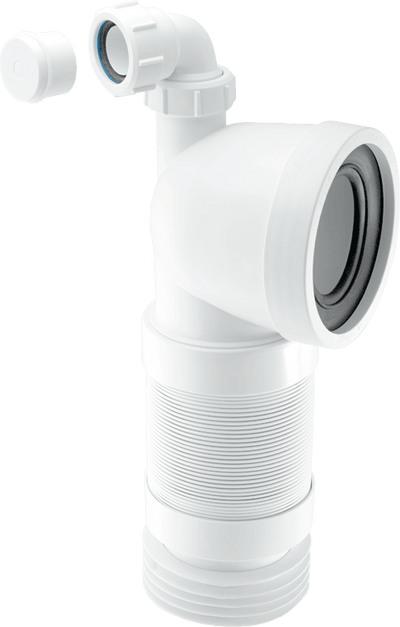 McAlpine Flexible 90 Degree Angled WC Connector with Vent Boss White WC-CON8FV