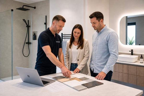 oceanair bathroom designer talking to a couple planning a bathroom design