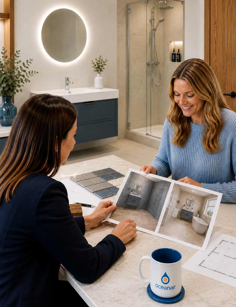 oceanair bathroom designer talking to a lady planning a bathroom design